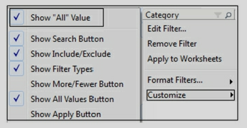 The dashboard displays Quick filter, say, Category. By default, all the filters show (All) option. How can you turn this option off? 